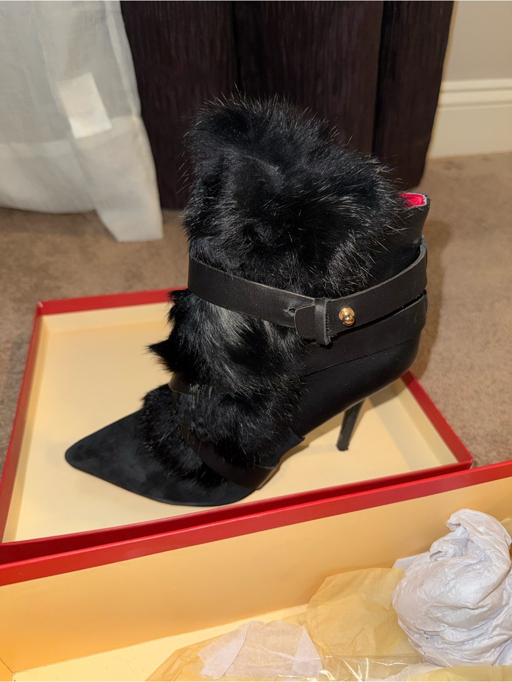Charles Jourdan Black Faux Fur Pointed Toe Stiletto Ankle Boots